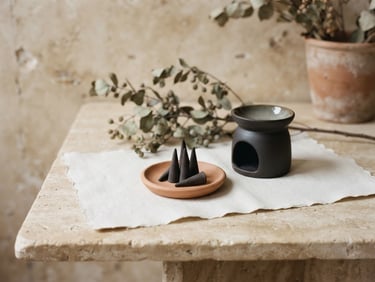 Close-up of a minimalist editorial layout on a warm stone table, linen texture, soft diffused natural light.