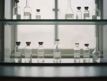Minimalist laboratory interior with clean glass vials, soft overcast light, desaturated earth tones.