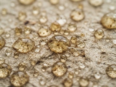 Extreme macro detail of cold-pressed botanical oil droplets on a textured neutral surface, soft diffused overcast light.