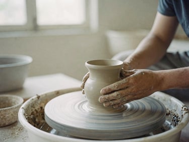 Hands of an artisan shaping a raw clay vessel on a wheel in a sunlit, rustic workshop, soft diffused natural light, 35mm film grain.