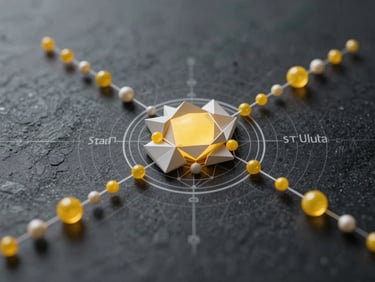 Stark technical schematic of data sharding, geometric particles dispersing in clean lines across an obsidian background, solar-yellow accents.