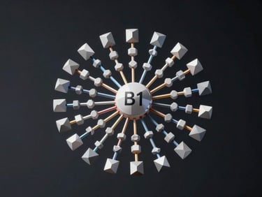 Orthographic technical drawing of a B1 Node sharding data, clean geometric particles dispersing from a central core, high-contrast studio lighting, deep obsidian background.