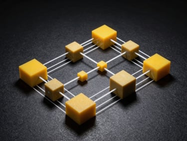 Orthographic technical schematic showing data sharding into geometric particles, stark high-contrast studio lighting, sharp white lines on deep obsidian background with solar-yellow accents.
