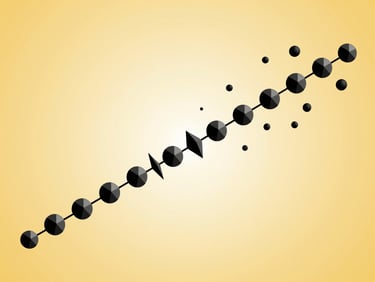 A stark technical schematic of data packet sharding, clean geometric particles dispersing from a central node, high-contrast black vector lines on a solar-yellow background, orthographic projection.