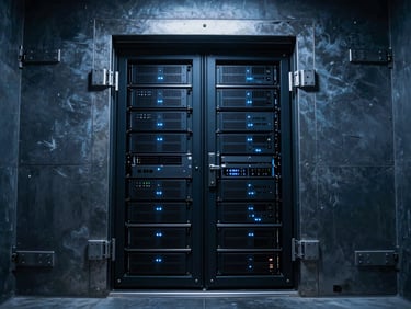 Imposing architectural shot of a secure data bunker entrance, low-key blue lighting, heavy steel door, 35mm.