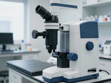 Bright clean medical photography of a modern laboratory in Hidalgo, state-of-the-art diagnostic equipment, soft natural daylight, deep blue and white tones, shallow depth of field