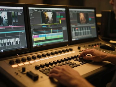 Close-up of an editing bay with multiple screens showing color grading software, hands on a control surface, stylized cinematic neon lighting, rich gold and charcoal tones, anamorphic lens, 35mm grain.