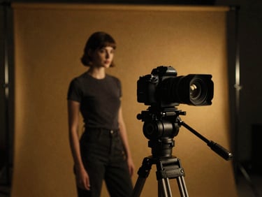 Behind-the-scenes shot of a commercial photography setup, high-end camera on a tripod, dramatic low-key lighting, rich gold and charcoal tones, anamorphic lens, 35mm grain, a model subtly posed off-center.