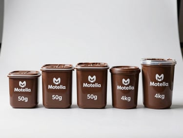 Straight-on eye-level studio portrait of five clean Motella chocolate spread containers ranging from 50g to 4kg, arranged in a precise geometric line on a sterile white surface, clinical bright lighting with sharp controlled highlights.