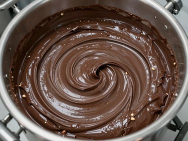 Overhead geometric flatlay of stainless steel industrial mixing vats filled with glossy hazelnut chocolate spread, sharp technical highlights, clinical sterile environment