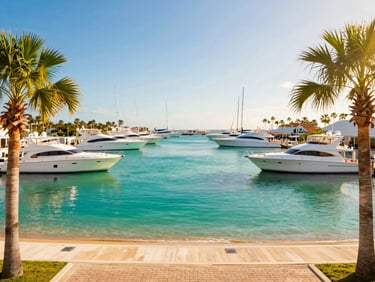 Bright environmental shot of Clearwater Marina, sleek charter boats docked in turquoise water, palm trees framing the harbor.