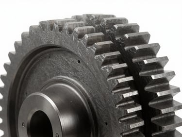 High-contrast photography of a large industrial gear, metallic slate finish, technical studio lighting