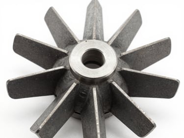Macro shot of a heavy industrial metal impeller, cool high-contrast lighting, technical precision