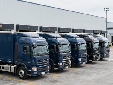 Industrial corporate photography of a fleet of modern logistics trucks lined up at loading bays of a massive distribution center, cool daylight, sharp focus