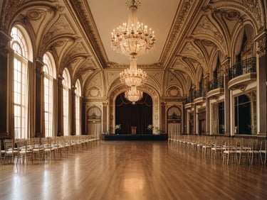 Symmetrical wide shot of an empty luxury vintage ballroom, custom brass chandeliers hanging from high ceilings, soft daylight filtering through tall arched windows, warm editorial photography.