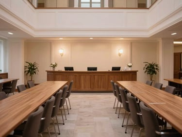 Wide shot of a corporate reception setup in the grand hall, symmetrical layout, elegant long wooden tables, warm evening lighting, 35mm editorial photography