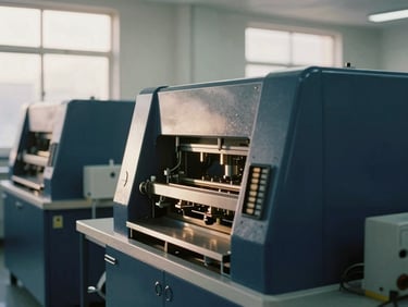Close-up of a modern clean manufacturing floor, precision machinery, soft morning light filtering through windows