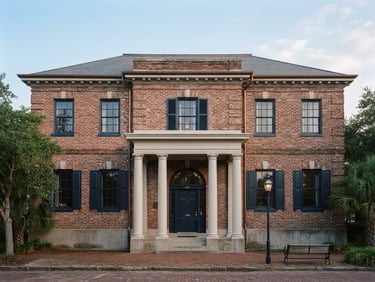 Wide shot of a quiet historic brick building facade in North Charleston, soft morning light, clean architectural angles, medium format film style.