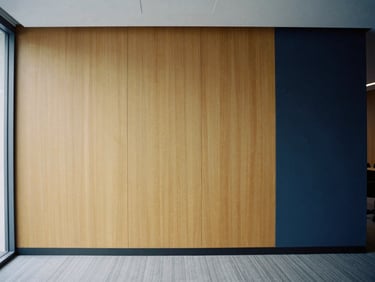 Minimalist corporate office interior, warm timber and navy accents, soft daylight, professional atmosphere
