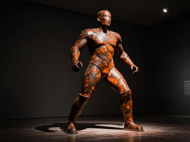 Low-angle dramatic shot of a monumental welded iron sculpture in a dark gallery setting, intense orange spotlighting casting long shadows, raw metallic textures, 35mm.