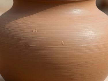 Close-up of raw terracotta surface, fingertip burnishing marks still visible on fired clay, warm ochre tones in diffused north-facing daylight