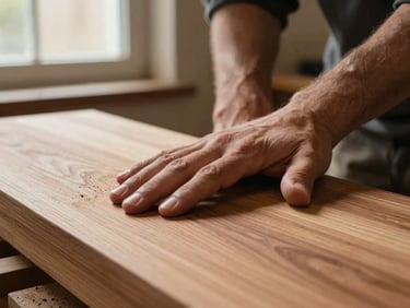 Straight-on close shot of a woodworker's hands mid-burnishing — one palm flat against a curved wooden surface, fingers splayed, north-facing window light revealing the fine wood dust and grain detail beneath the hand, warm amber tones, no background distractions, material study framing