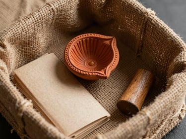 Overhead macro view of a festive hamper interior — raw jute lining, a terracotta diya, folded handmade paper, and a small wooden object — shot in even north-facing studio light
