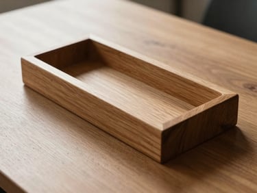 Straight-on product study of a single wooden desk object — a letter holder — hand-sanded edges catching north-facing light, grain running diagonally across the frame