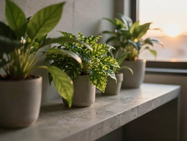 Close-up of lush green indoor plants on a minimalist concrete shelf, soft sunset light, shallow depth of field