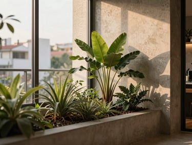 A peaceful corner of a modern Bogotá apartment with healthy green plants, soft natural daylight