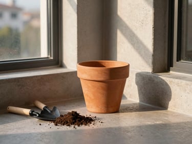 Terracotta pot on a modern apartment balcony, clean soil transplanting tools nearby, golden hour shadows