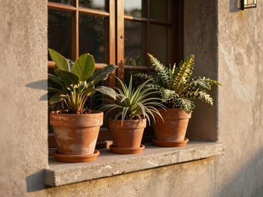 Warm golden-hour window light illuminating a concrete balcony with lush potted plants, focus on terracotta textures, 35mm photography