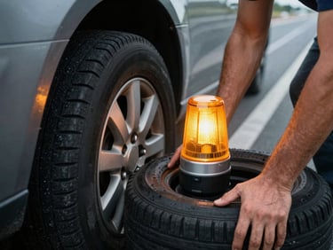 Close-up of hands changing a flat tire on the side of a highway, emergency beacon lighting, secure vehicle setup, high-contrast industrial tones, sharp focus, 35mm