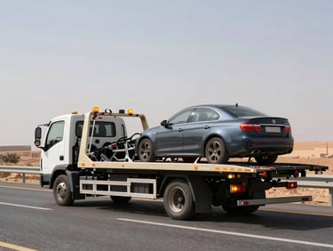 Modern flatbed tow truck with a car securely loaded, wide environmental shot on a highway under daylight, northern Moroccan highway backdrop, sharp focus, 35mm