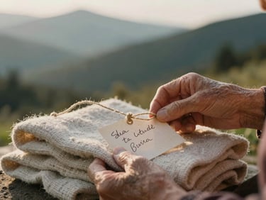 Hands of an elderly woman artisan holding a handwritten paper tag tied with organic hemp string to a folded woolen textile, warm golden-hour side lighting.