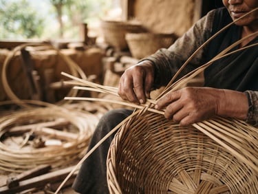 Close-up of an artisan's hands weaving natural ringal bamboo under soft mountain daylight, shallow depth of field, warm editorial style.