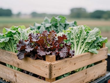 Close-up of a rustic wooden crate filled with leafy green vegetables on a farm trailer, soft overcast daylight.