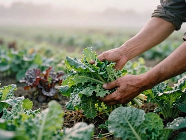 Warm editorial shot of weathered hands harvesting fresh organic greens in a misty morning field, soft natural daylight, rich green tones, 35mm film aesthetic.