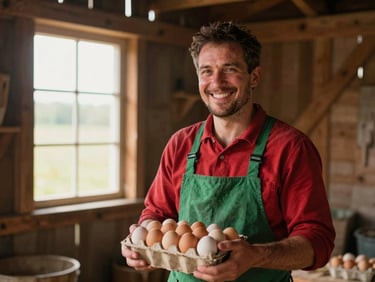 A local farmer smiling warmly while holding a basket of fresh eggs inside a cozy timber barn, warm window light.