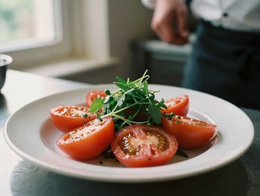 Warm editorial close-up of a chef plating a vibrant heirloom tomato salad in a sunlit kitchen, rich crimson tones, shallow depth of field, natural window light, 35mm film aesthetic.