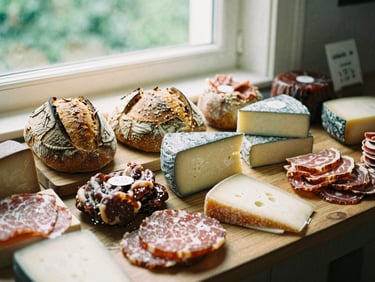 Overhead editorial flatlay of an artisanal food market counter with fresh sourdough bread, specialty cheeses, and cured meats, soft window light, warm natural tones, 35mm film aesthetic.