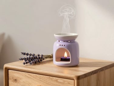 A minimalist wooden nightstand with a ceramic oil burner emitting soft steam, a bundle of dried lavender beside it, warm morning light, airy feel