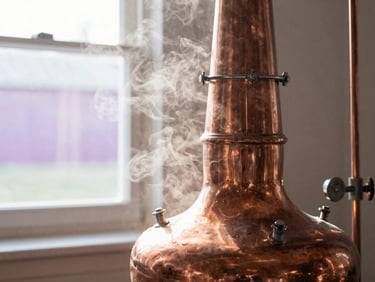 Close-up of a gleaming copper alembic still, soft steam rising, warm sunlight filtering through a rustic distillery window