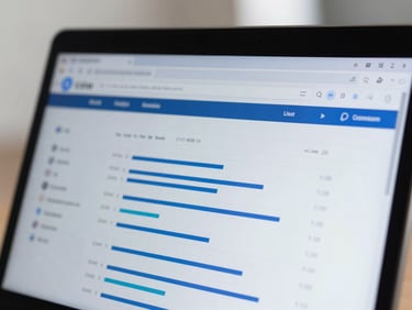 Crisp corporate lifestyle photography, bright natural daylight, cool blue and slate tones. A close-up on a high-fidelity product dashboard showing automated candidate assessment scores and pipeline metrics on a clean screen.