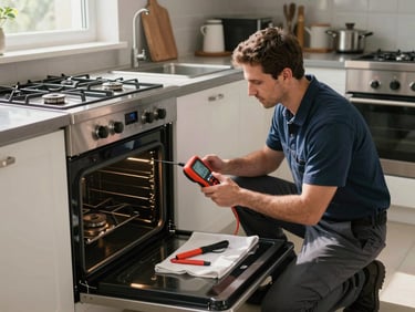 Wide shot of a technician in a real home kitchen kneeling beside an open gas oven, holding a diagnostic tool against the burner assembly, natural daylight from a nearby window illuminating the work area, tools laid out on a clean cloth beside him