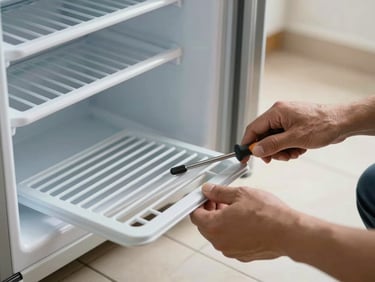 Close-up of technician's hands pulling out a refrigerator's bottom grille panel with a flathead screwdriver, natural daylight, kitchen floor tiles visible