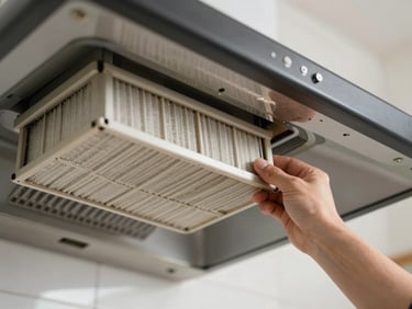 Close-up of a range hood's filter being removed by a technician's hand, underside of the hood visible with grease buildup, kitchen setting, daylight from above