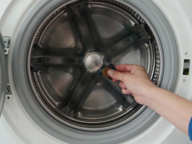 Overhead close-up of a washing machine drum interior with a technician's hand inspecting a rubber door seal, laundry room setting, soft natural light