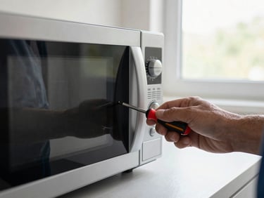 Tight shot of a technician's hand opening the back panel of a countertop microwave with a screwdriver, natural window light, kitchen counter in background