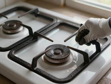 Close-up overhead shot of gas stove burners with a technician's gloved hand lifting the grate, natural daylight from a nearby window, cast iron and steel in focus